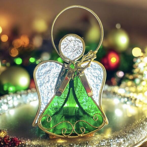 VTG Stained Glass Green & Gold Tone Metal Angel Tealight Votive Candle Holder - Picture 1 of 12